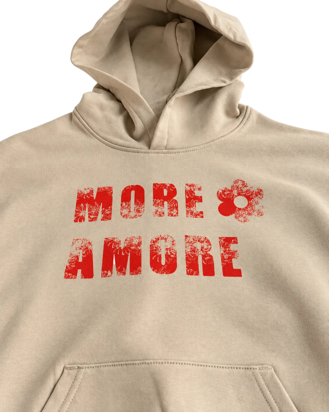 MORE AMORE Boxy Hoodie in Desert Dust – Detail von Kapuze und rotem Floral-Frontprint
