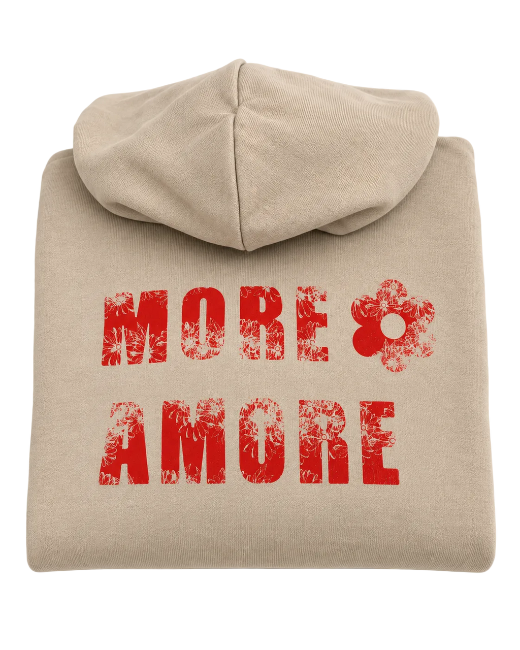 MORE AMORE Boxy Hoodie in Desert Dust – gefaltete Vorderansicht mit rotem Floral-Print