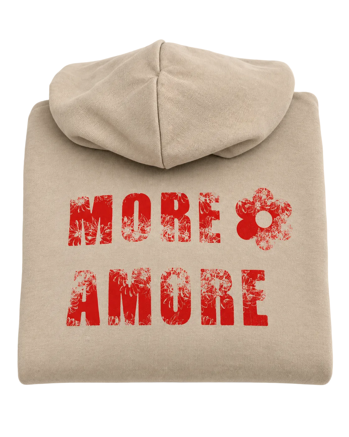 MORE AMORE Boxy Hoodie in Desert Dust – gefaltete Vorderansicht mit rotem Floral-Print