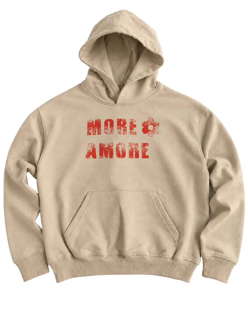 MORE AMORE Boxy Unisex-Hoodie in Desert Dust mit rotem Floral-Print – Vorderansicht mit aufgestellter Kapuze