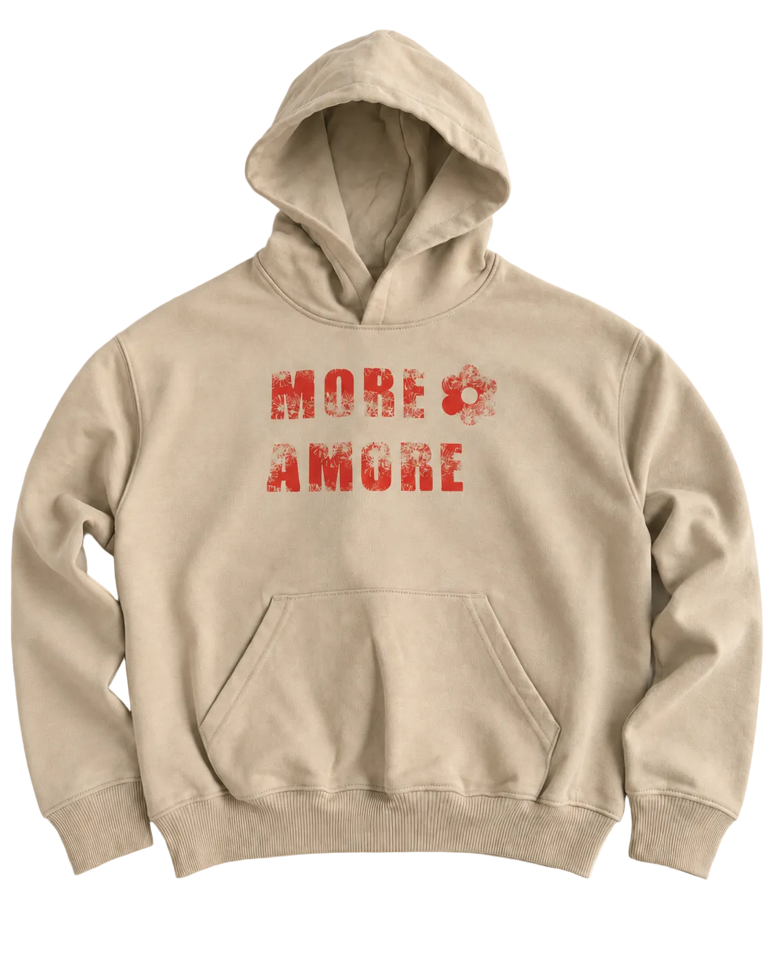 MORE AMORE Boxy Unisex-Hoodie in Desert Dust mit rotem Floral-Print – Vorderansicht mit aufgestellter Kapuze