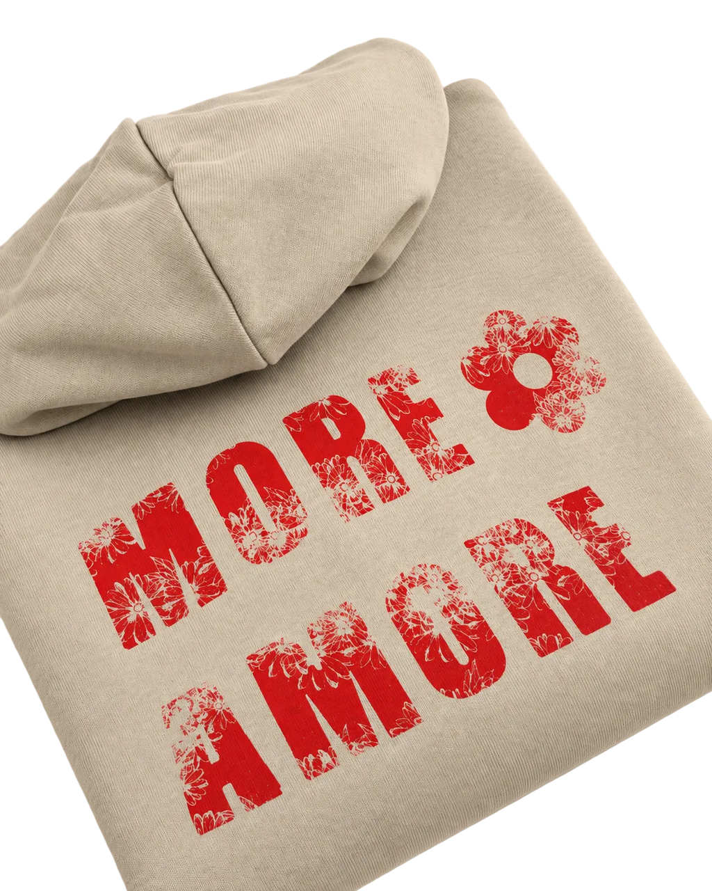 MORE AMORE Boxy Hoodie in Desert Dust – perspektivische Detailansicht des Floral-Prints