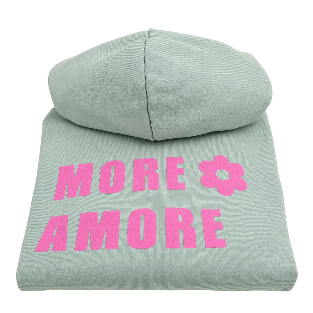 MORE AMORE Boxy Unisex-Hoodie in Soft Mint mit pinkem Handdruck – Vorderansicht