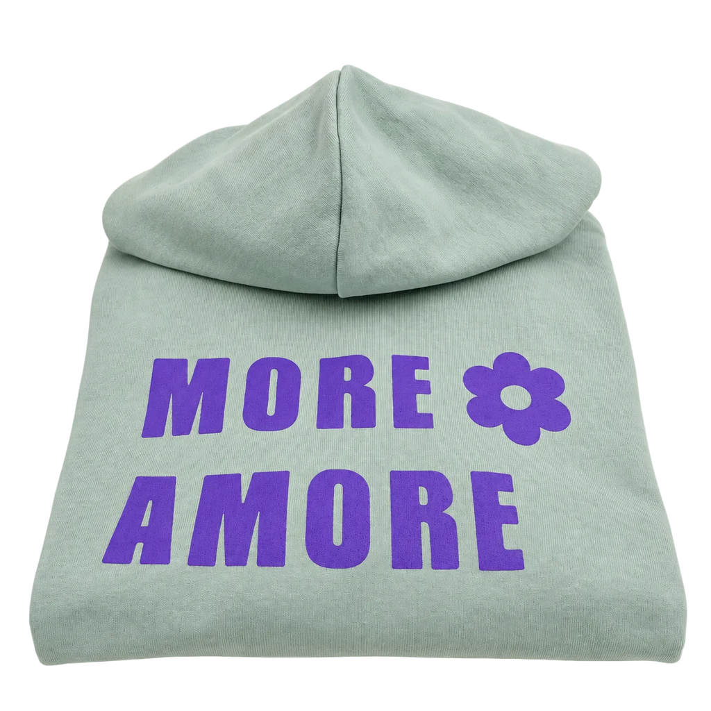 MORE AMORE Boxy Unisex-Hoodie in Soft Mint mit violettem Handdruck – Vorderansicht