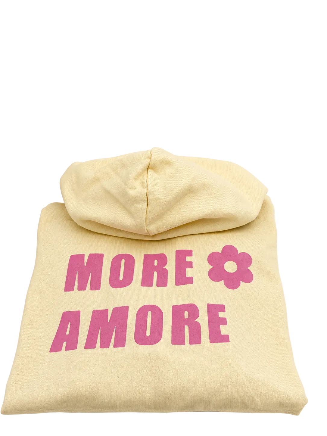 MORE AMORE Boxy Unisex-Hoodie in Soft Yellow mit pinkem Handdruck – Vorderansicht