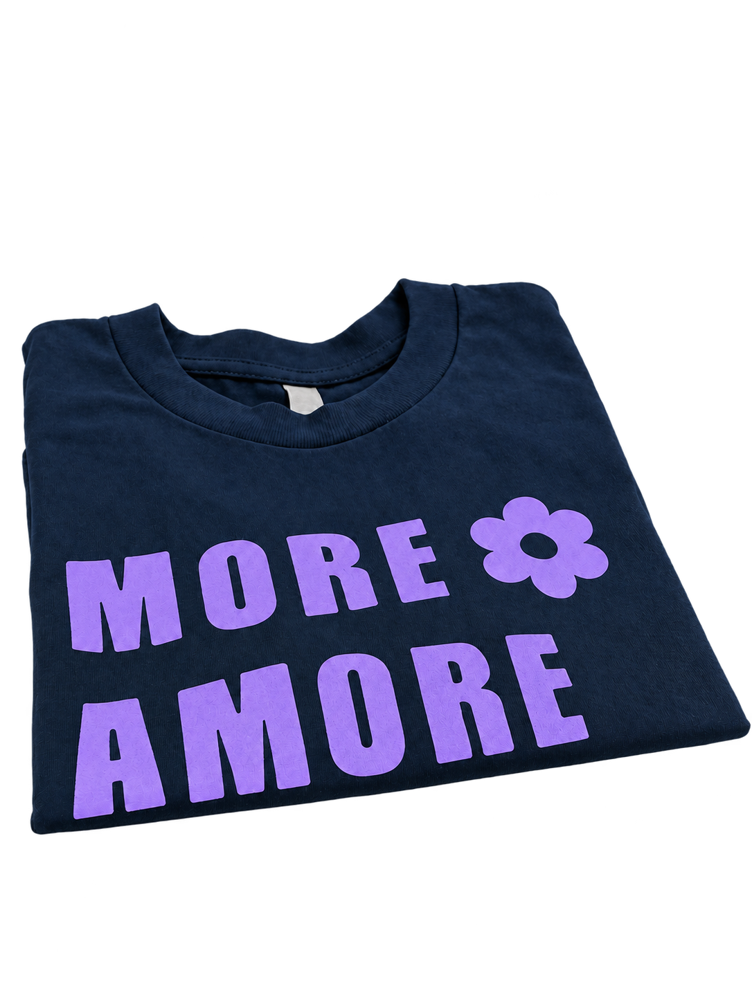 MORE AMORE Boxy T-Shirt in Marine Blue mit Purple Frontprint – gefaltete Vorderansicht