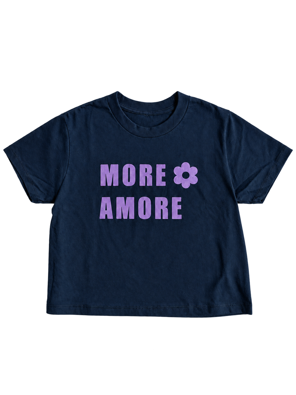 MORE AMORE Boxy T-Shirt in Marine Blue mit Purple Frontprint – vollständige Vorderansicht