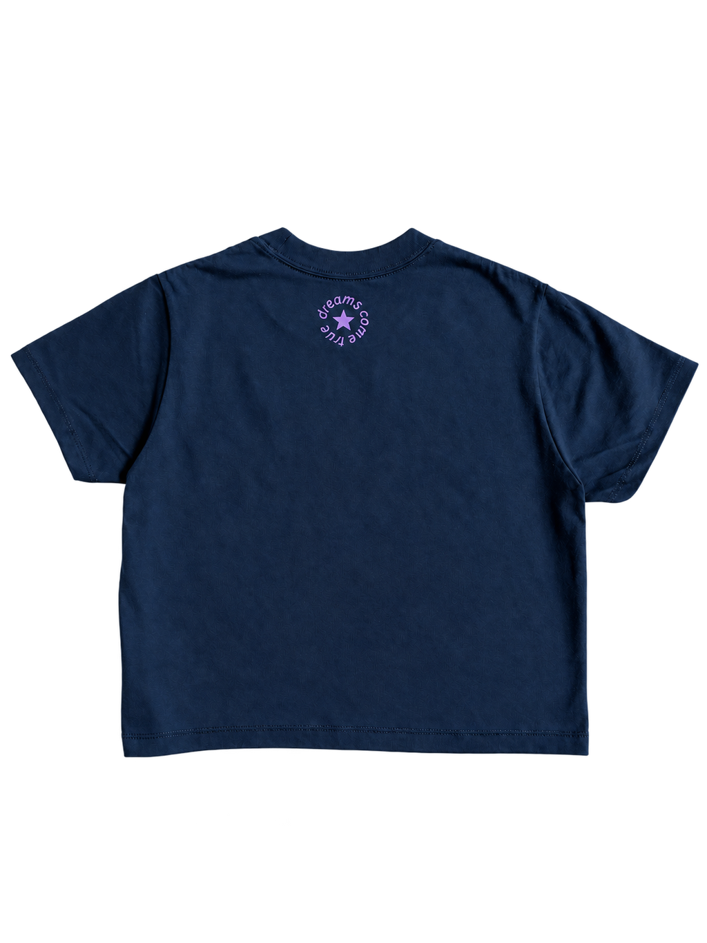 MORE AMORE Boxy T-Shirt in Marine Blue mit Purple Nackenprint – vollständige Rückansicht