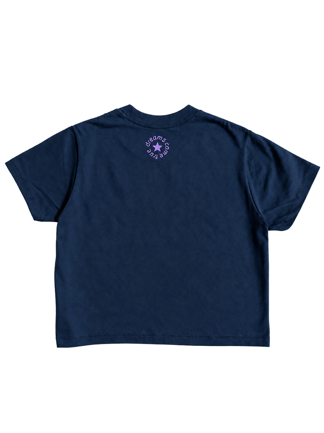 MORE AMORE Boxy T-Shirt in Marine Blue mit Purple Nackenprint – vollständige Rückansicht