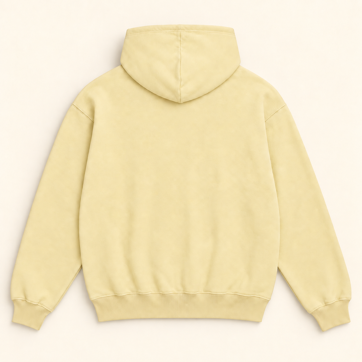 MORE AMORE Boxy Unisex-Hoodie in Soft Yellow – offene Rückansicht mit Kapuze
