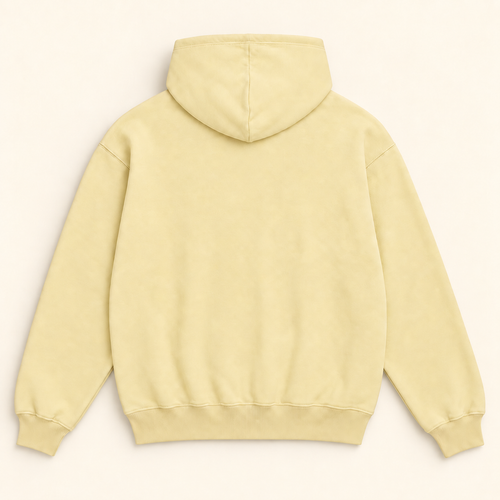 MORE AMORE Boxy Unisex-Hoodie in Soft Yellow – offene Rückansicht mit Kapuze