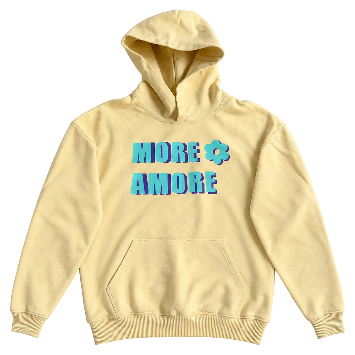 MORE AMORE Boxy Unisex-Hoodie in Soft Yellow mit türkisem Print und violettem Schatten – Vorderansicht