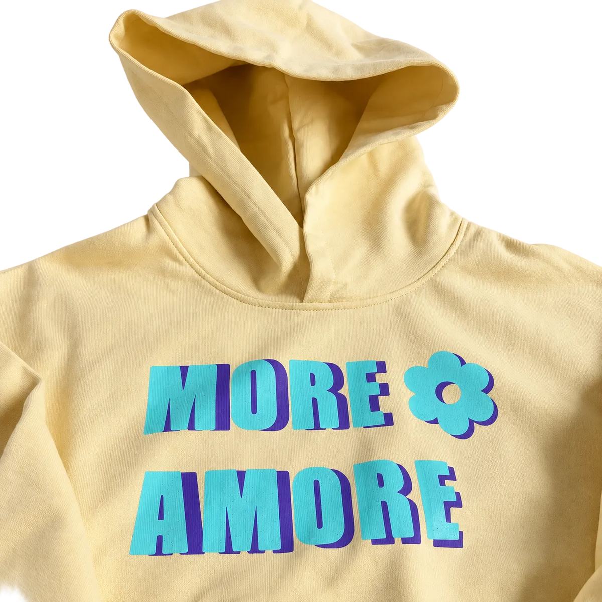 MORE AMORE Boxy Unisex-Hoodie in Soft Yellow – Kapuzen- und Materialdetail
