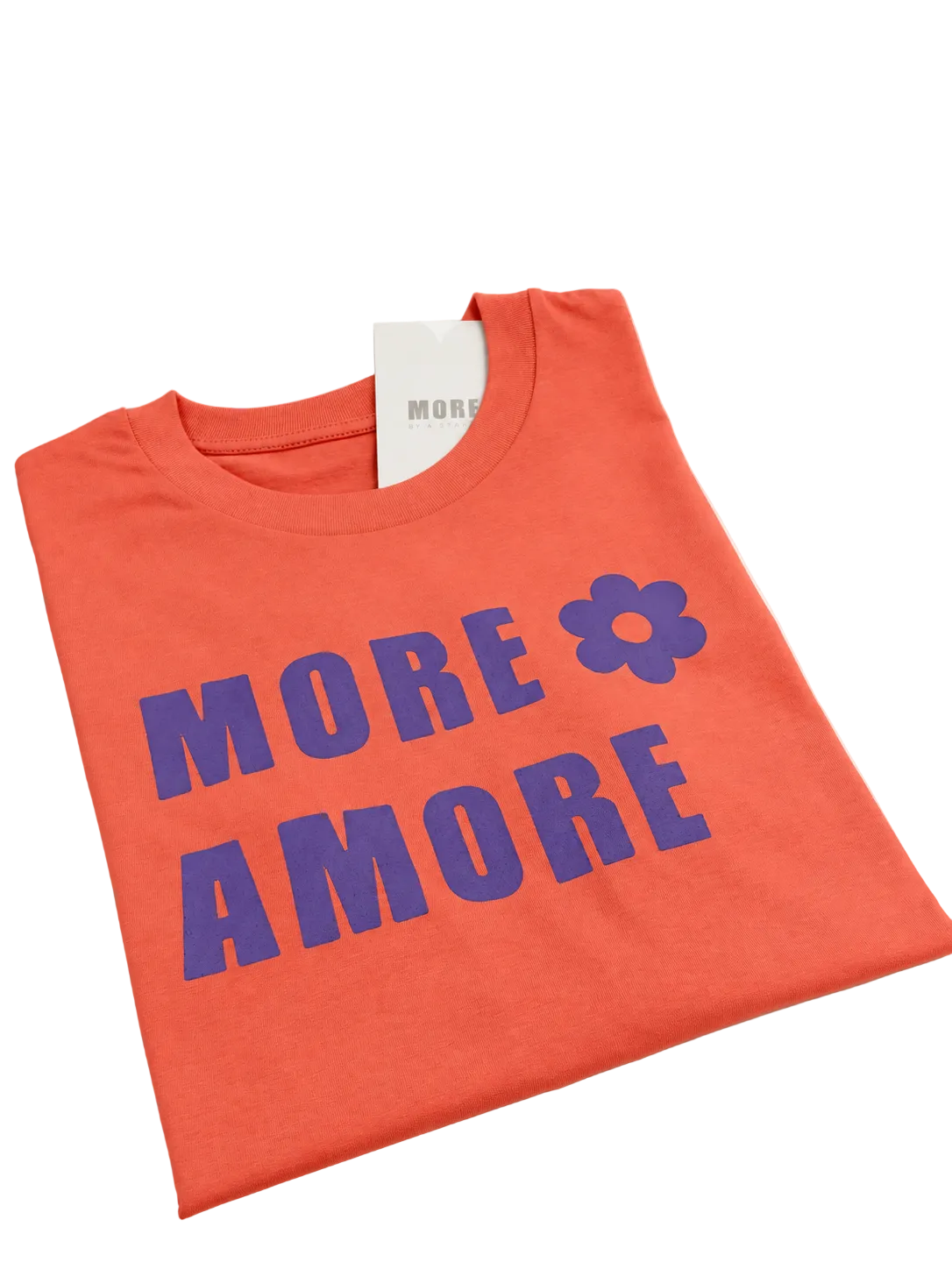 MORE AMORE Fiesta Unisex T-Shirt – schräge Frontansicht mit Purple Print