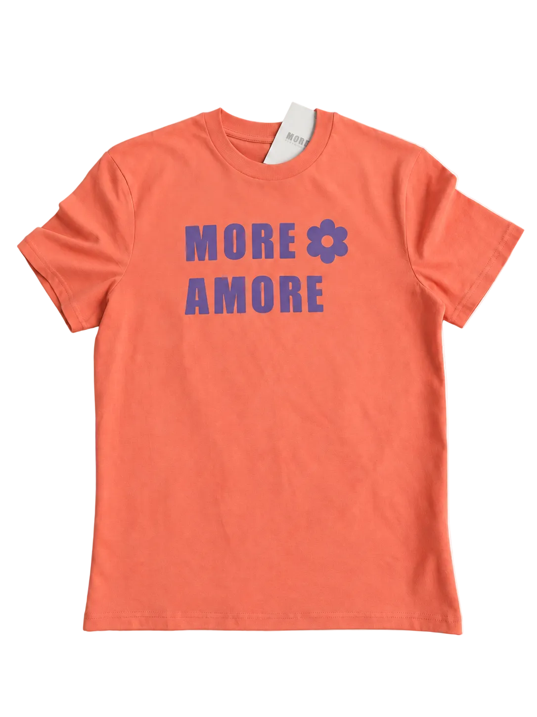 MORE AMORE Fiesta Unisex T-Shirt – offene Vorderansicht mit Purple Frontprint