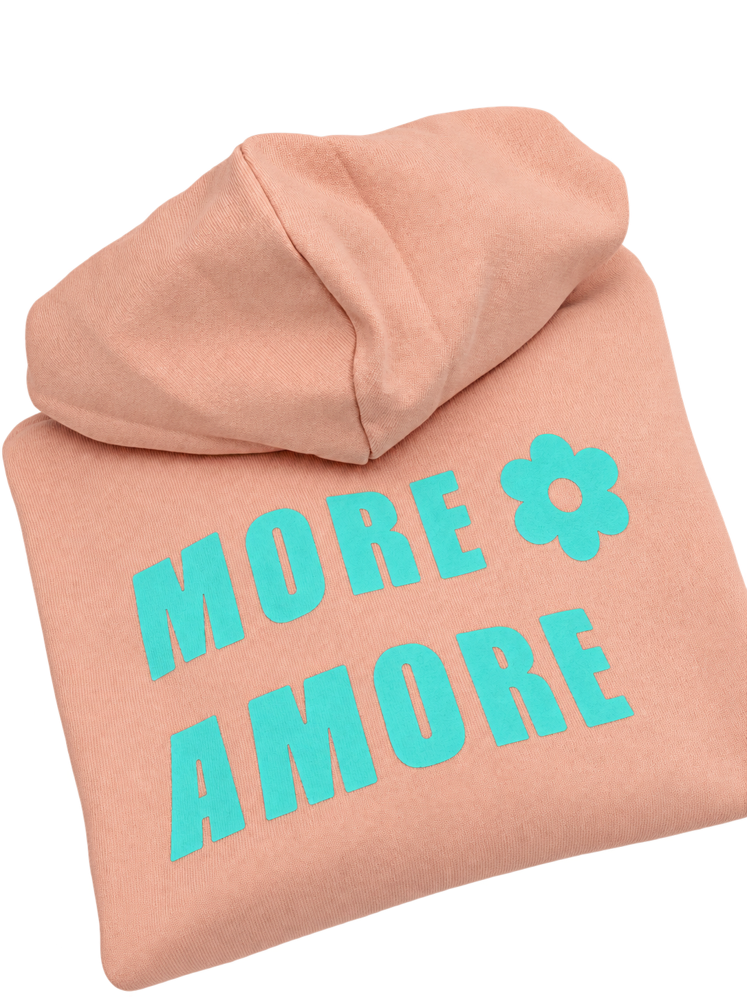MORE AMORE Boxy Unisex-Hoodie Fraiche Peche/Turquoise – gefaltete Detailansicht