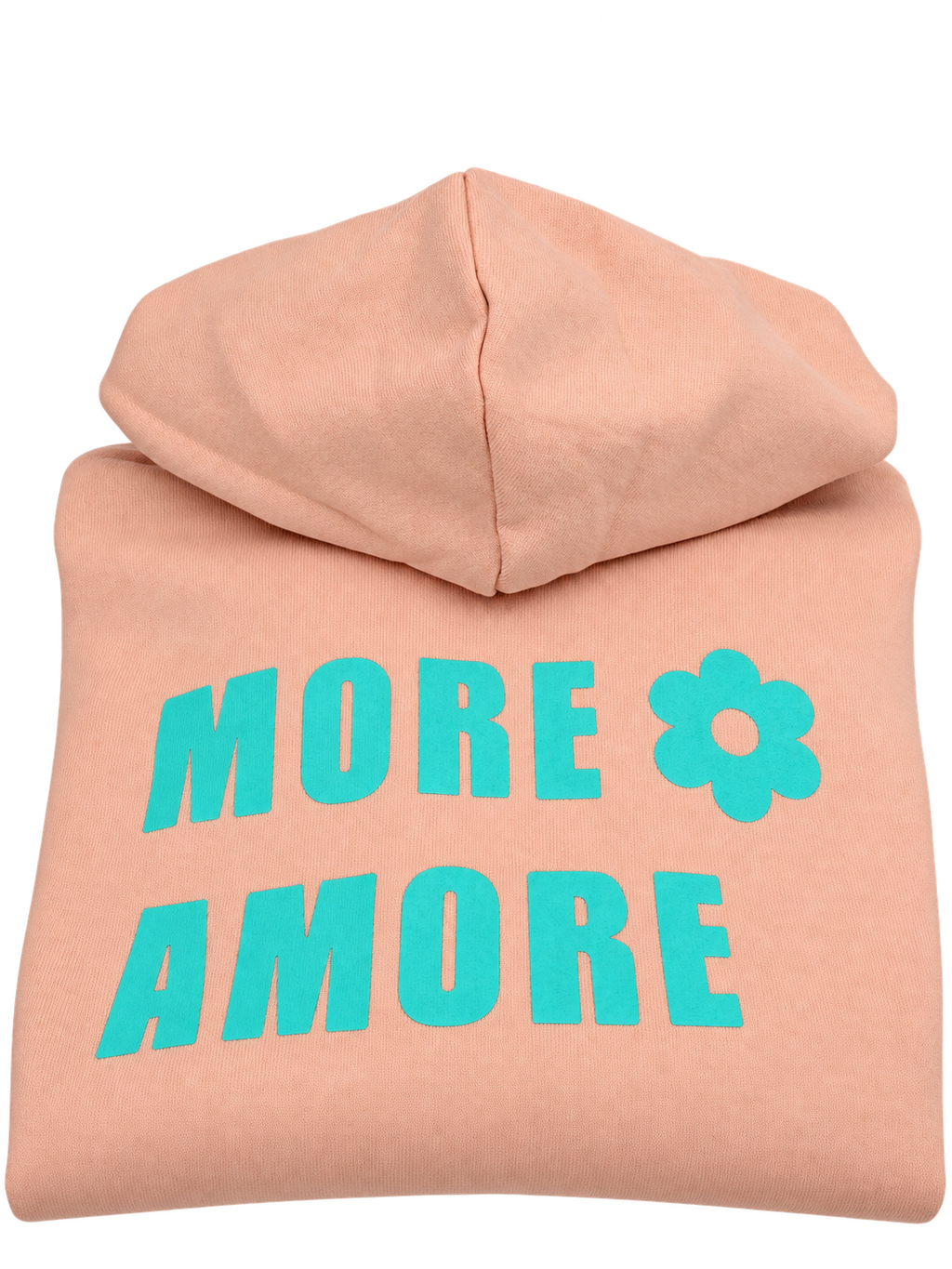 MORE AMORE Boxy Unisex-Hoodie Fraiche Peche/Turquoise – gefaltete Vorderansicht