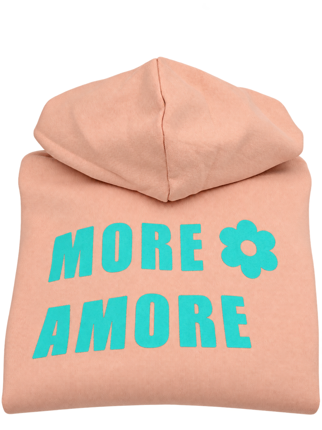 MORE AMORE Boxy Unisex-Hoodie Fraiche Peche/Turquoise – gefaltete Vorderansicht