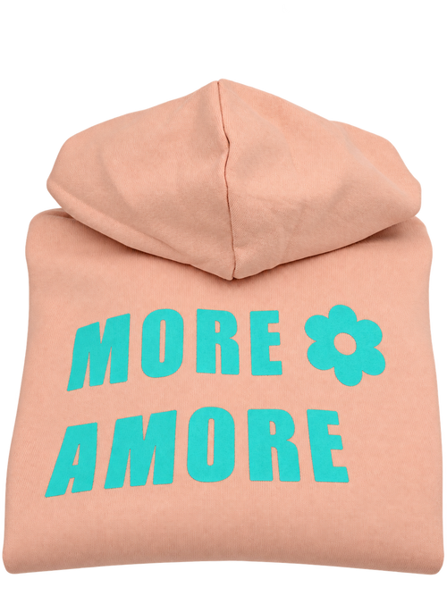 MORE AMORE Boxy Unisex-Hoodie Fraiche Peche/Turquoise – gefaltete Vorderansicht