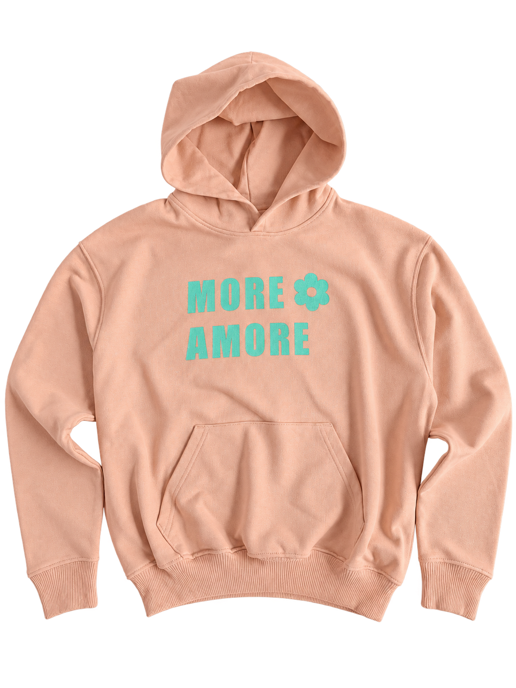 MORE AMORE Boxy Unisex-Hoodie Fraiche Peche/Turquoise – offene Vorderansicht