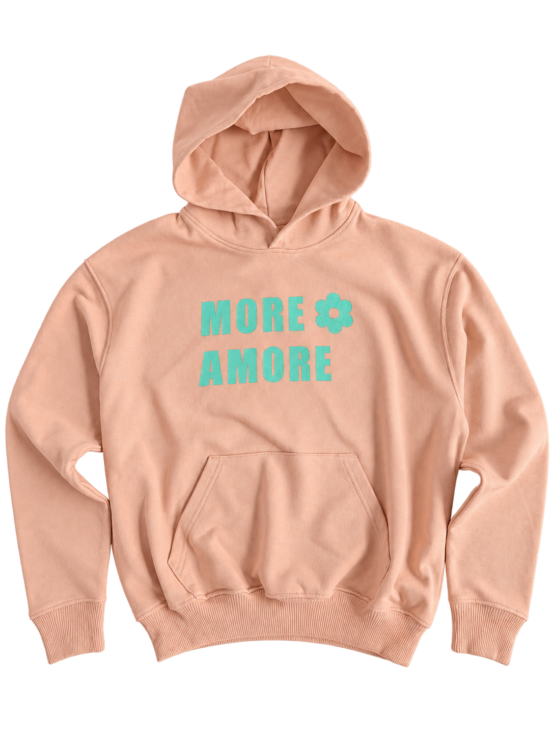 MORE AMORE Boxy Unisex-Hoodie Fraiche Peche/Turquoise – offene Vorderansicht