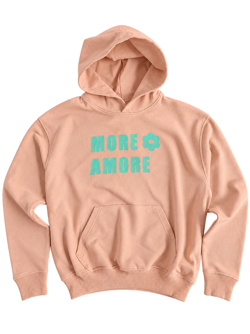 MORE AMORE Boxy Unisex-Hoodie Fraiche Peche/Turquoise – offene Vorderansicht