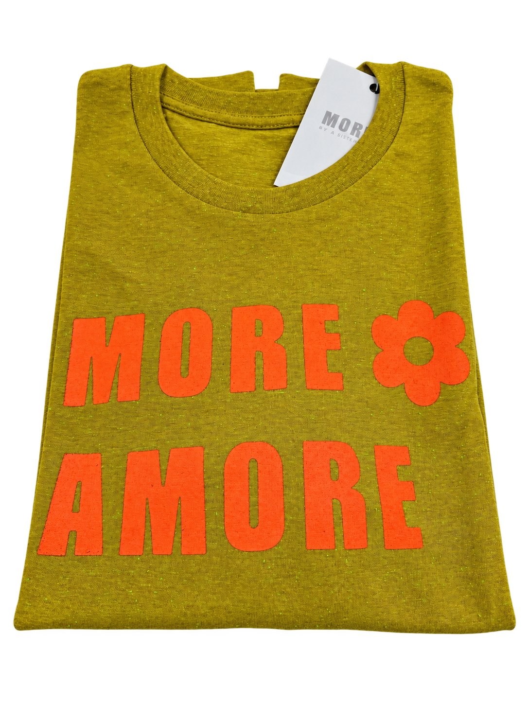 MORE AMORE Golden Olive ONE OF ONE T-Shirt – Frontprint Orange mit Etikett