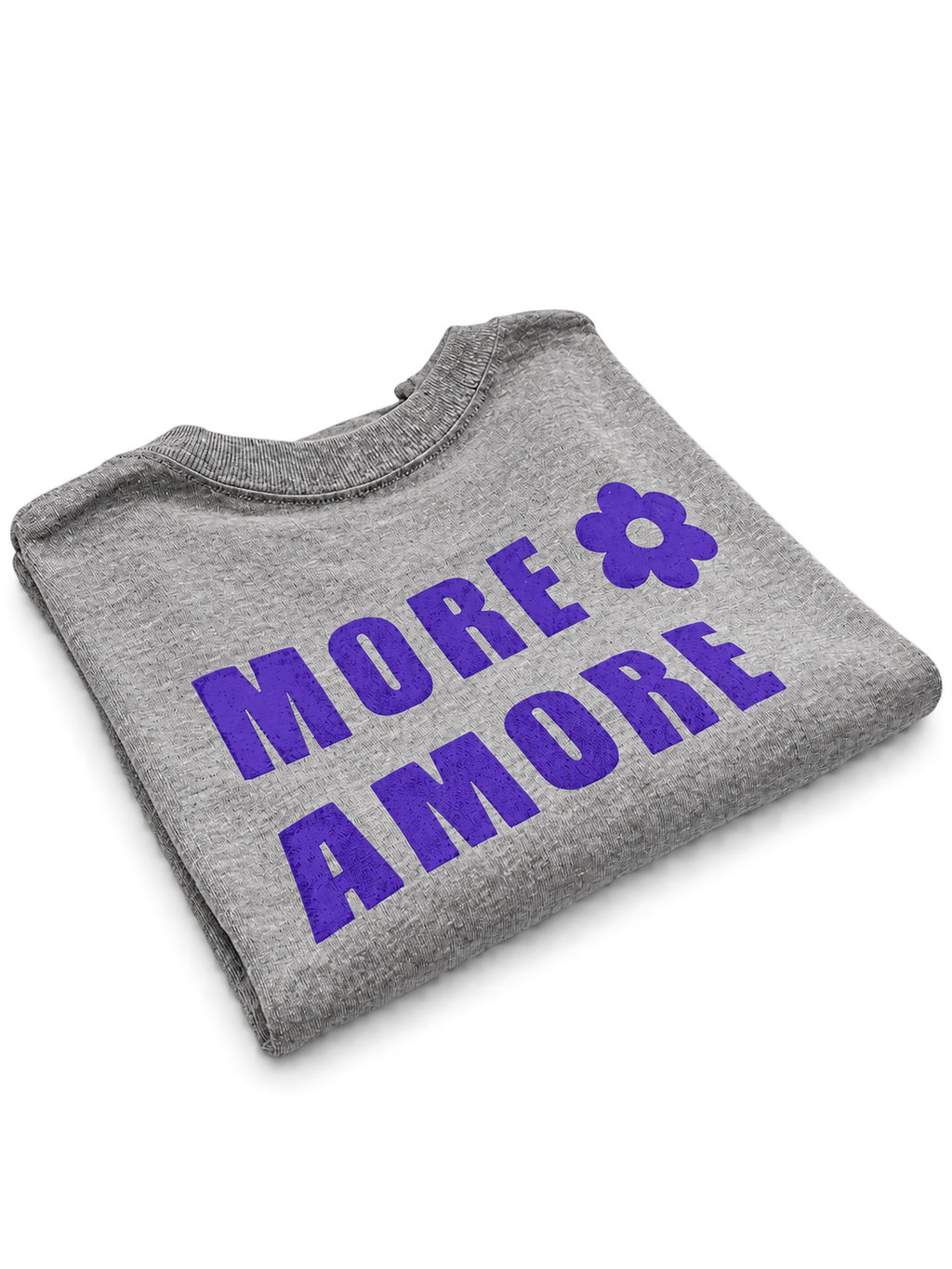 MORE AMORE Boxy T-Shirt Heather Grey – gefaltete Rückansicht mit Purple Backprint