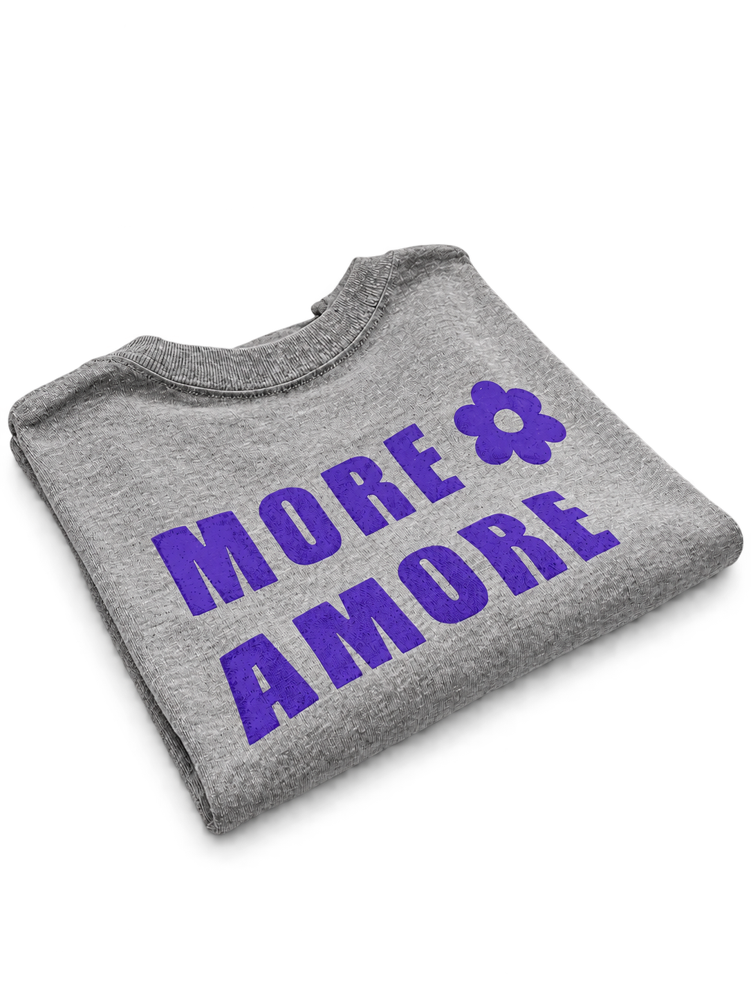 MORE AMORE Boxy T-Shirt Heather Grey – gefaltete Rückansicht mit Purple Backprint