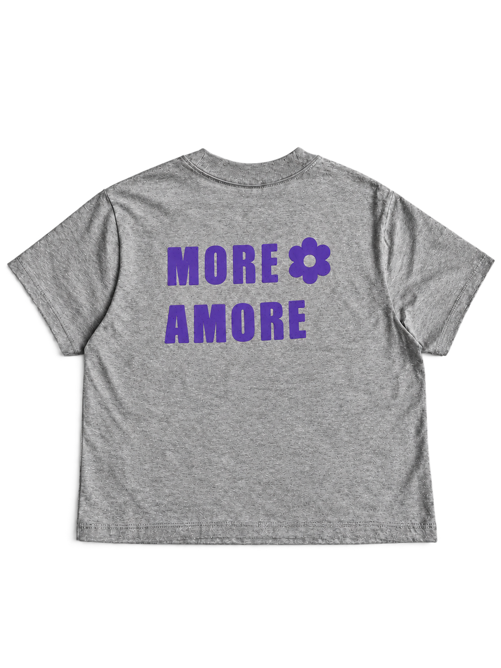 MORE AMORE Boxy T-Shirt Heather Grey mit Purple Backprint – offene Rückansicht