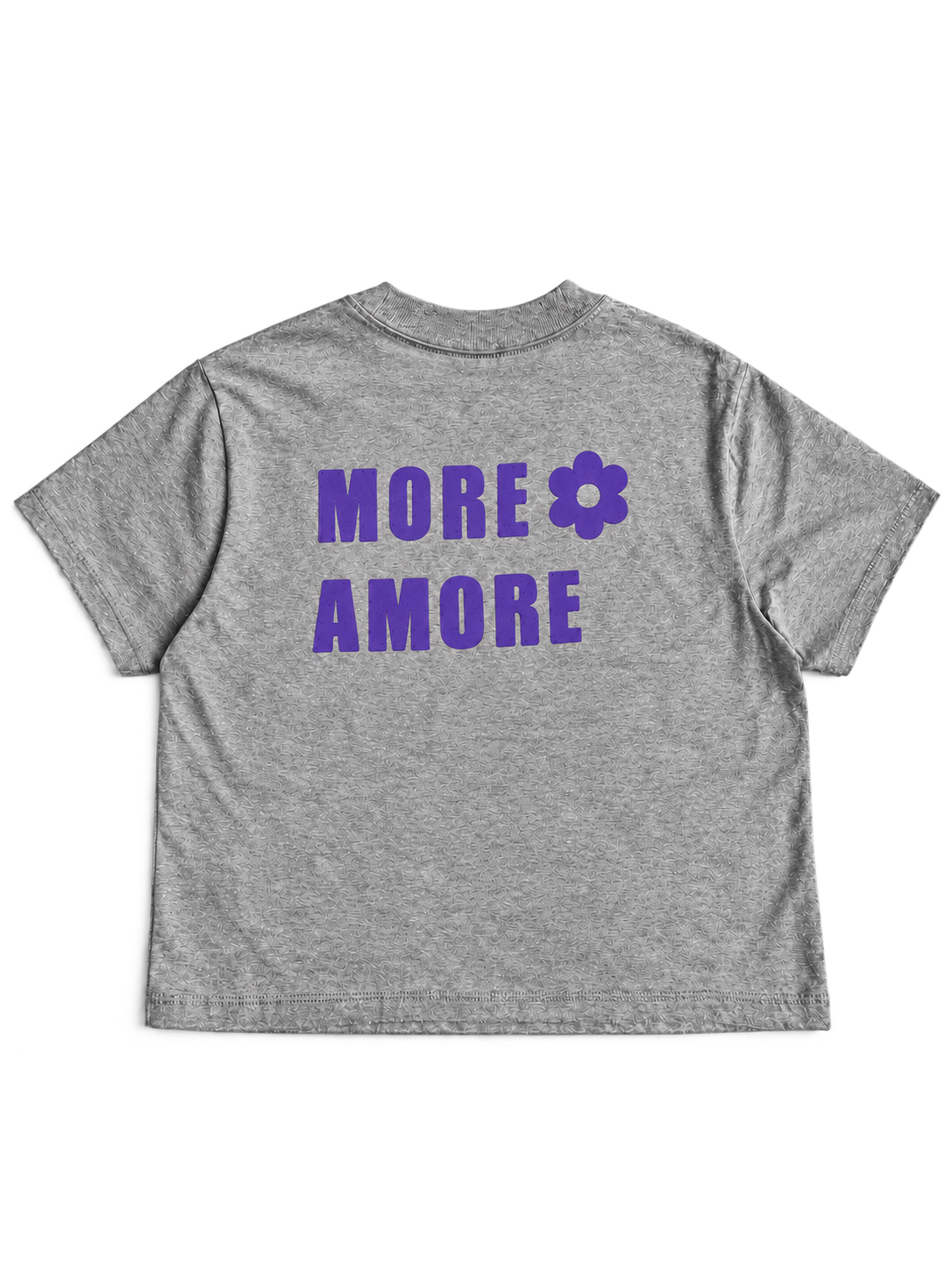 MORE AMORE Boxy T-Shirt Heather Grey mit Purple Backprint – offene Rückansicht