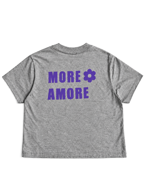 MORE AMORE Boxy T-Shirt Heather Grey mit Purple Backprint – offene Rückansicht