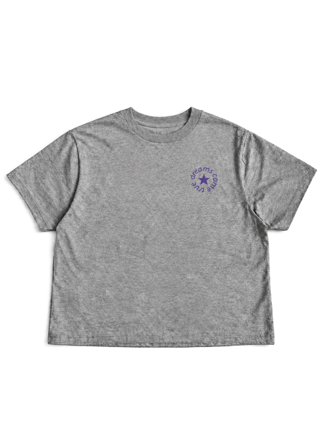 MORE AMORE Boxy T-Shirt Heather Grey mit kleinem Purple Frontprint – offene Vorderansicht