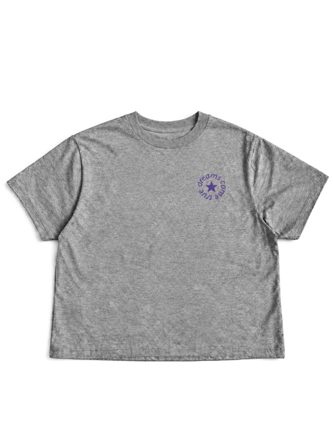 MORE AMORE Boxy T-Shirt Heather Grey mit kleinem Purple Frontprint – offene Vorderansicht