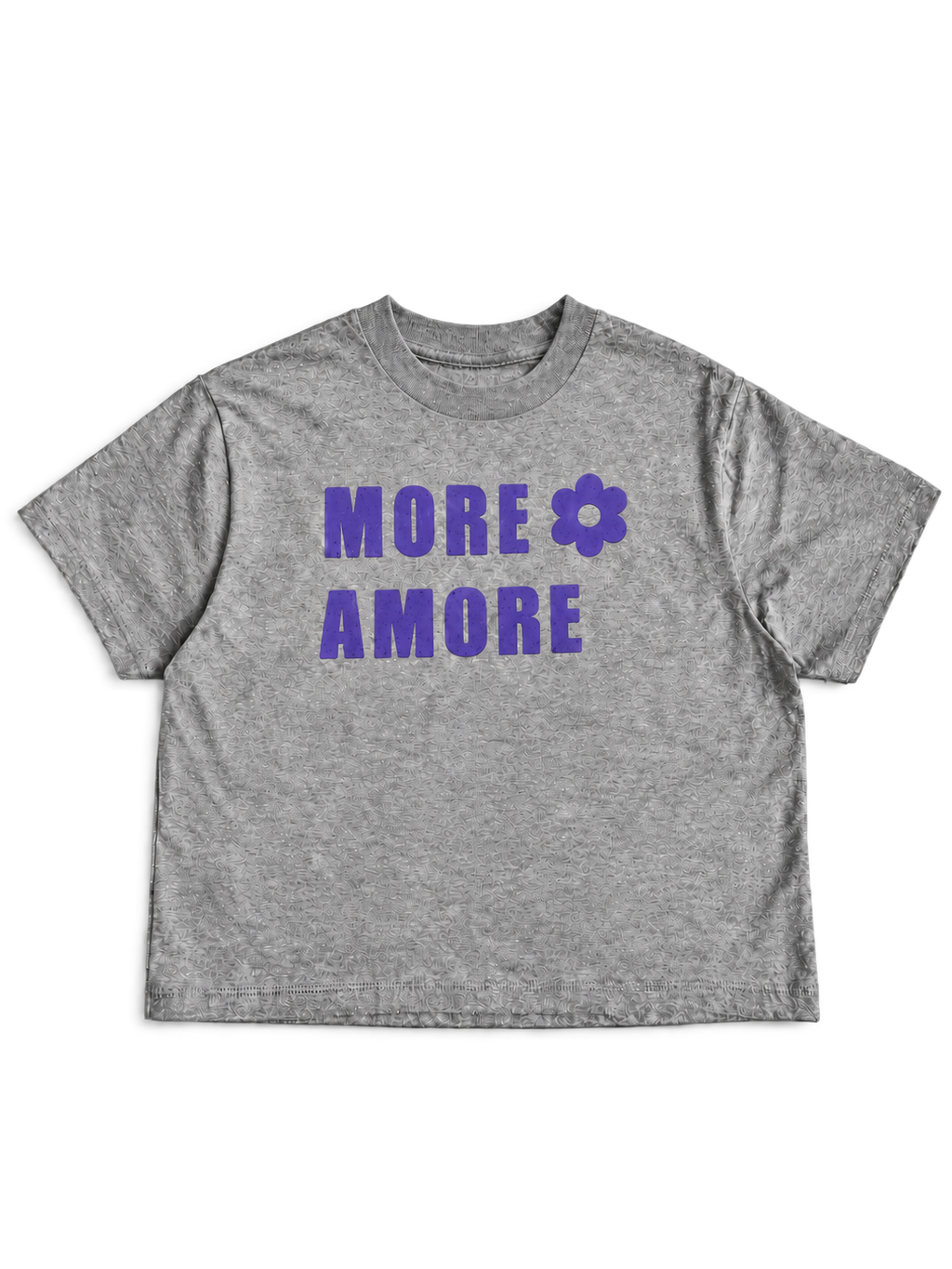 MORE AMORE Boxy T-Shirt Heather Grey mit Purple Frontprint – offene Vorderansicht