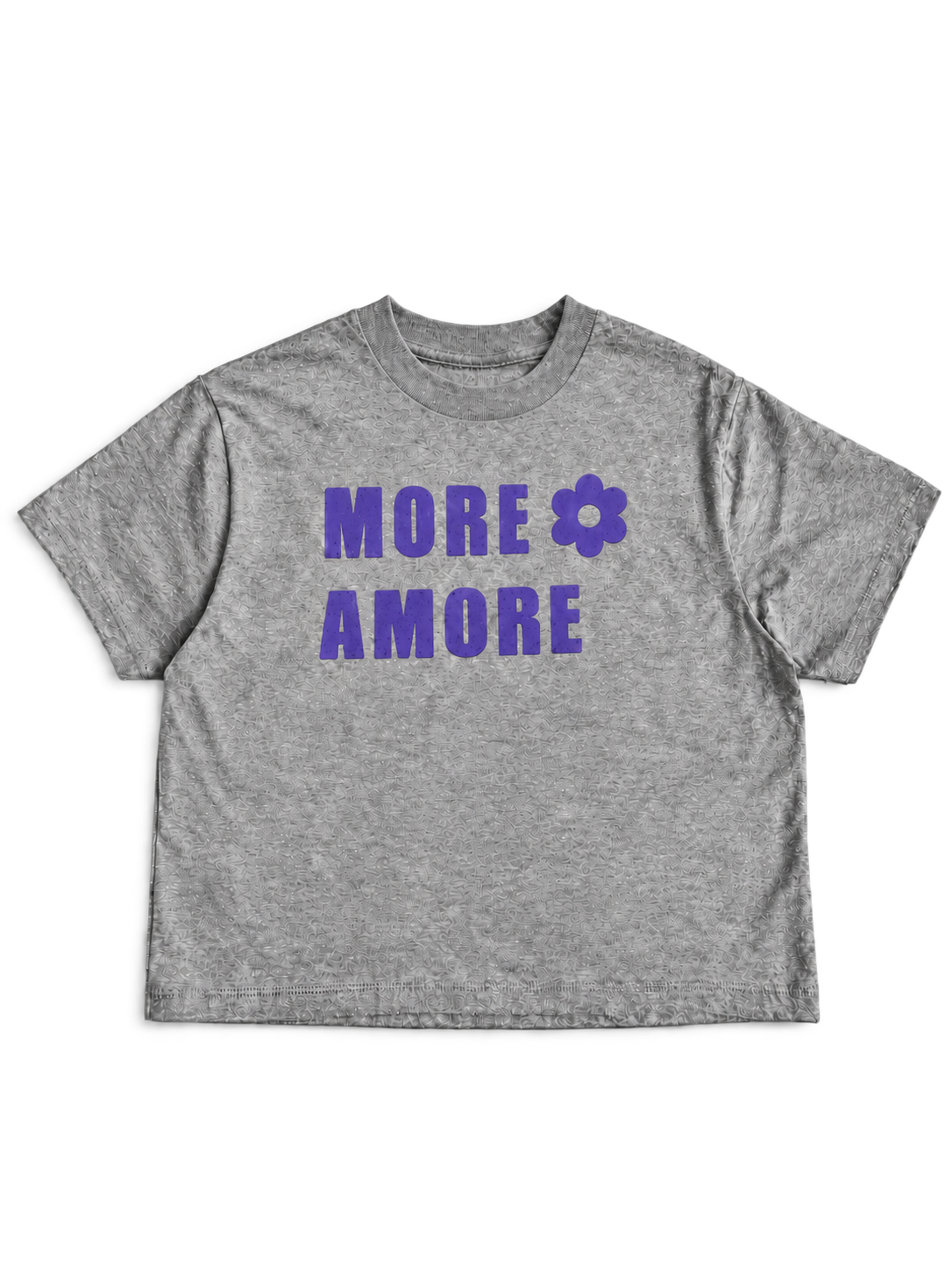 MORE AMORE Boxy T-Shirt Heather Grey mit Purple Frontprint – offene Vorderansicht