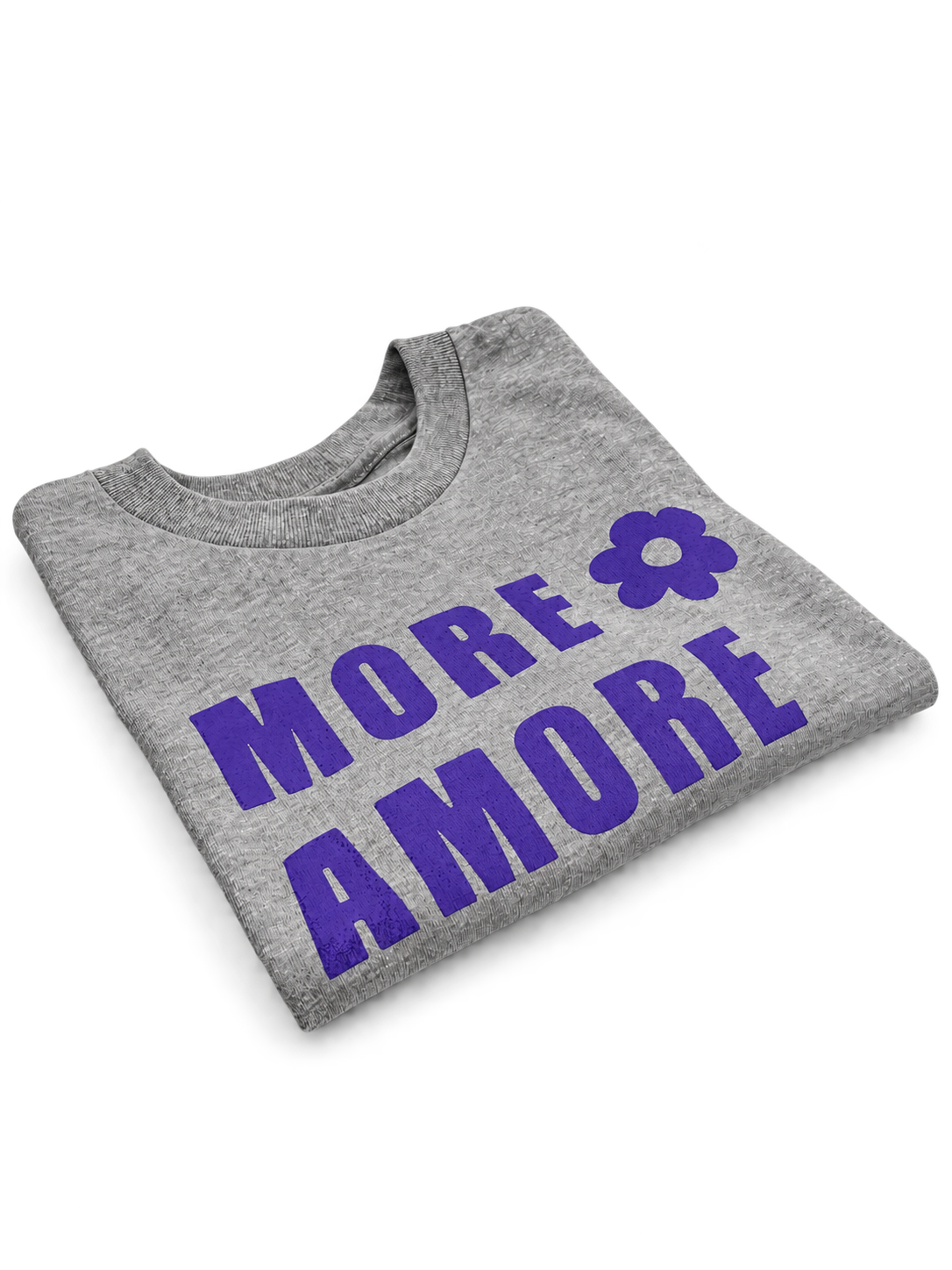 MORE AMORE Boxy T-Shirt Heather Grey – gefaltete Vorderansicht mit Purple Frontprint