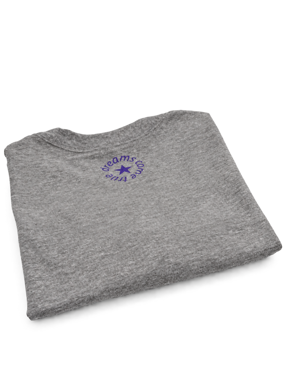 MORE AMORE Boxy T-Shirt Heather Grey – gefaltete Rückansicht mit Purple Nackenprint