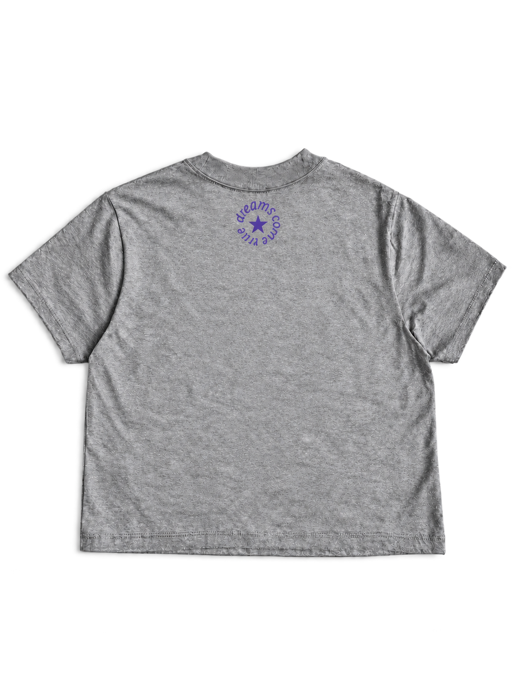 MORE AMORE Boxy T-Shirt Heather Grey mit Purple Nackenprint – offene Rückansicht