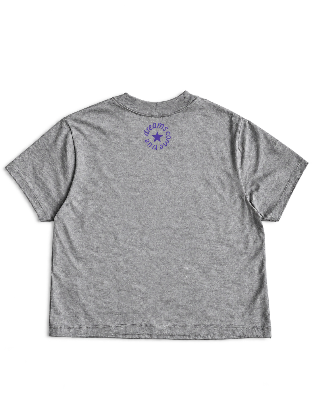 MORE AMORE Boxy T-Shirt Heather Grey mit Purple Nackenprint – offene Rückansicht