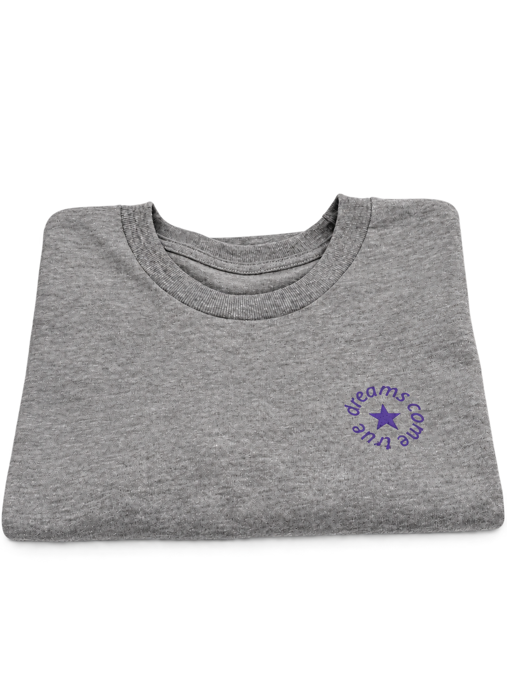 MORE AMORE Boxy T-Shirt Heather Grey – gefaltete Vorderansicht mit kleinem Purple Frontprint
