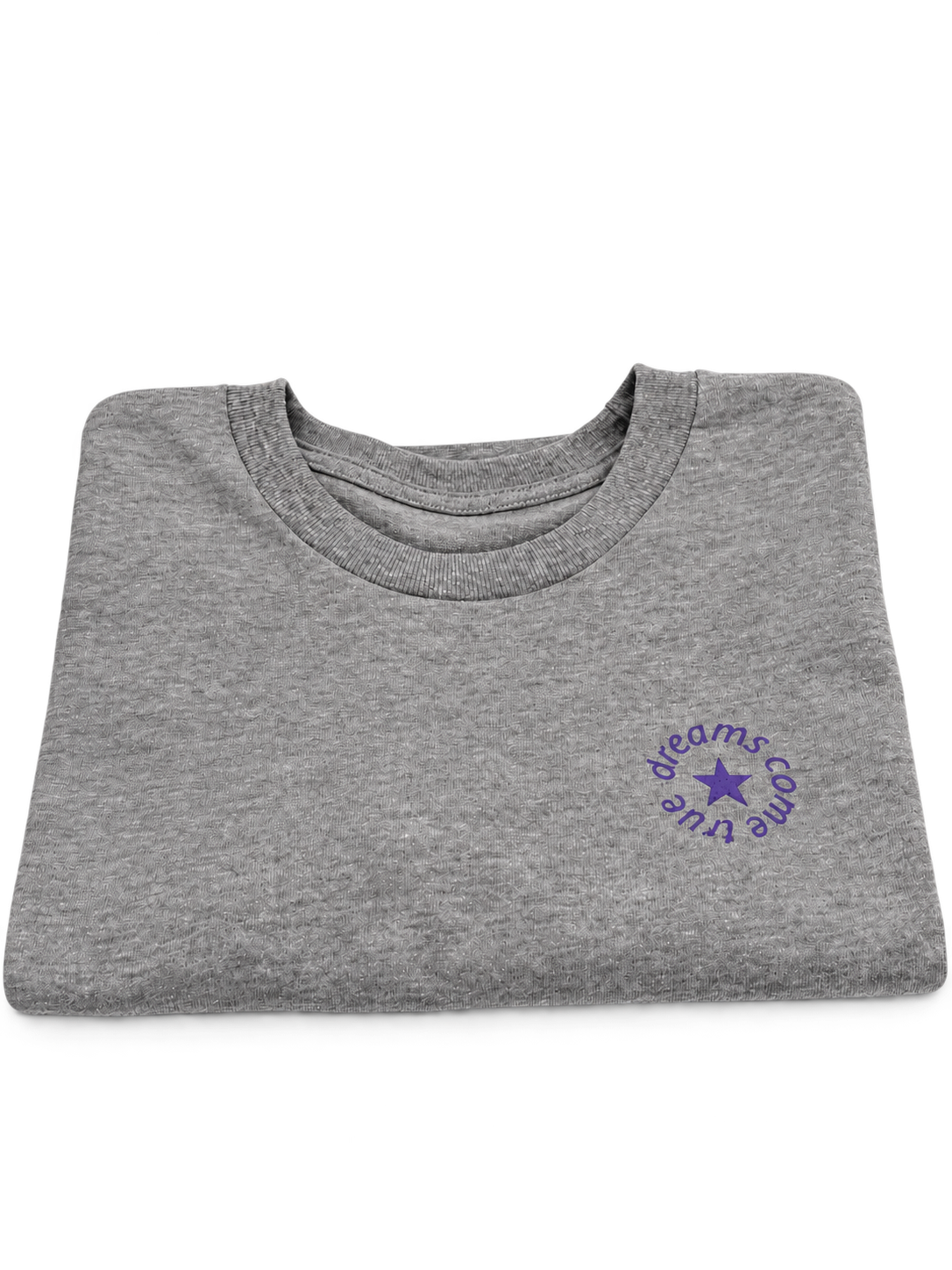 MORE AMORE Boxy T-Shirt Heather Grey – gefaltete Vorderansicht mit kleinem Purple Frontprint