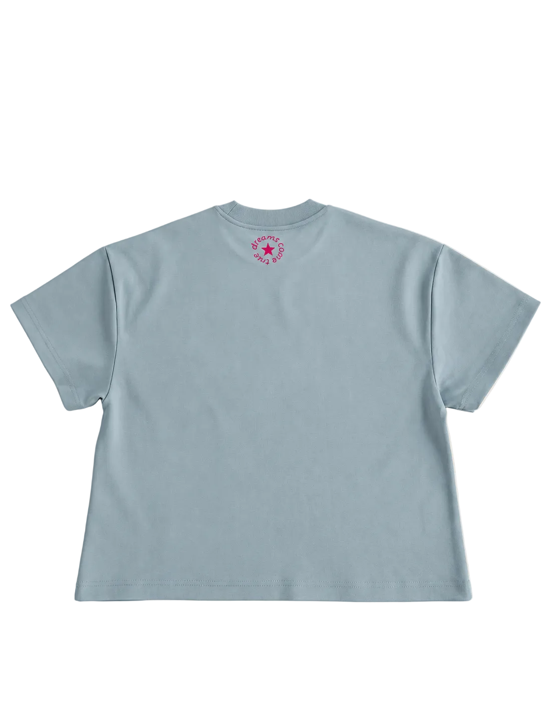 MORE AMORE Unisex-T-Shirt in Dusty Blue mit kleinem pinkem Rückenprint – Rückseite
