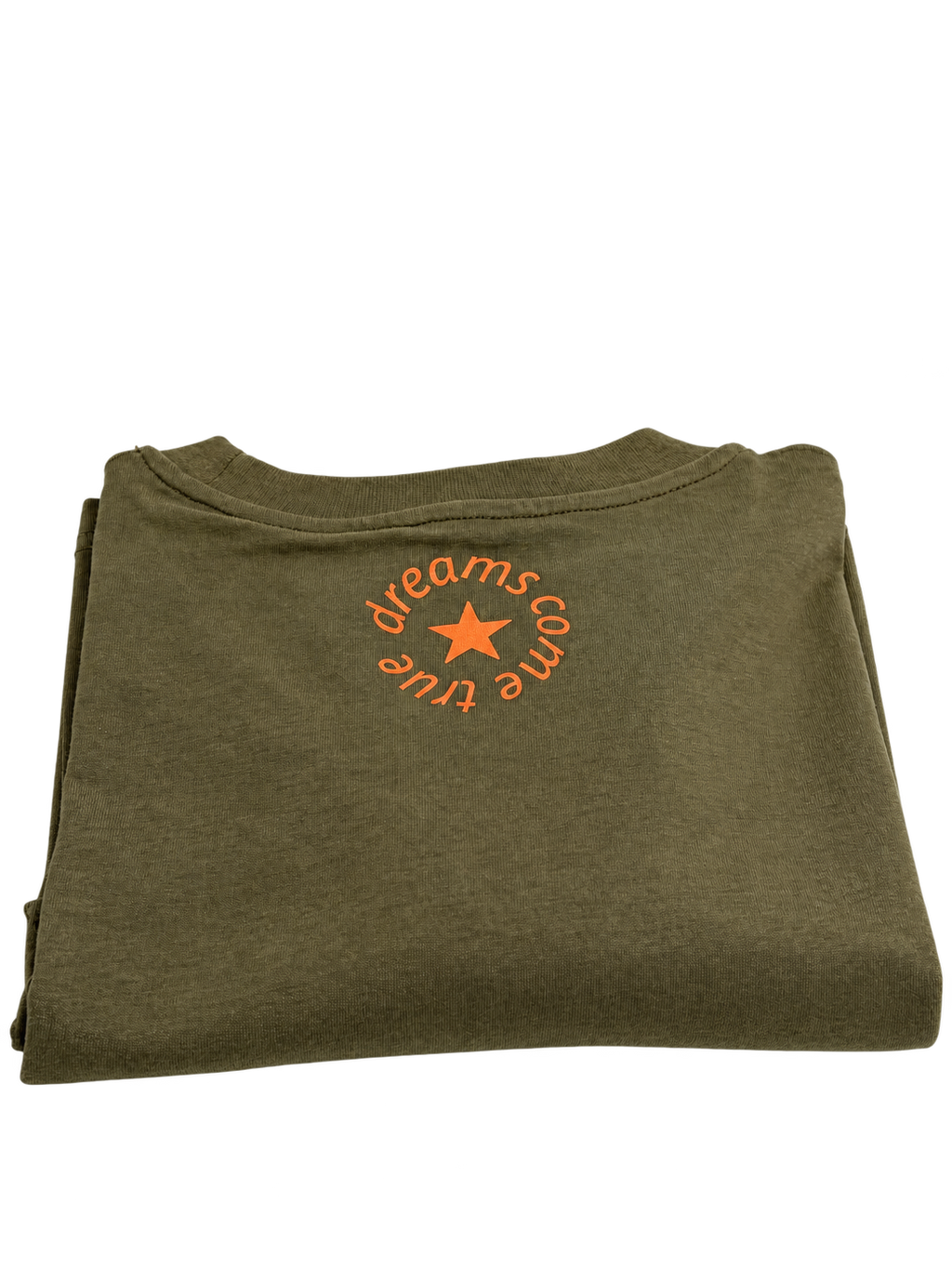 MORE AMORE Khaki Unisex T-Shirt – Rückseite mit orangefarbenem Nackenprint