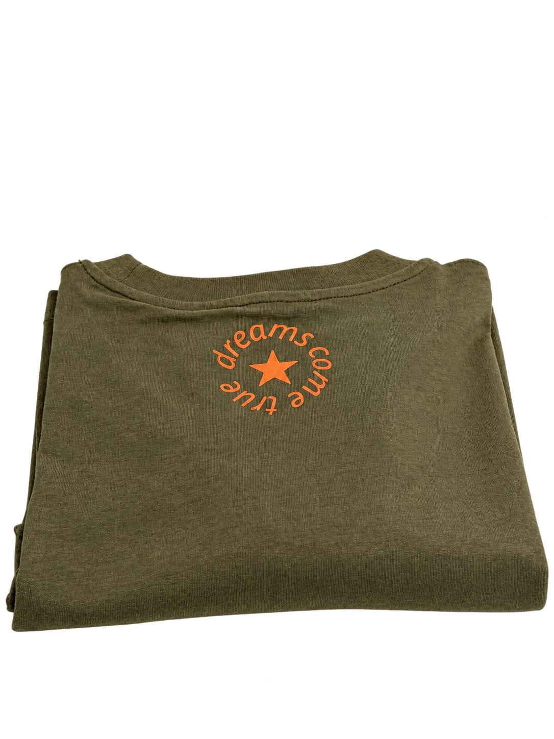 MORE AMORE Khaki Unisex T-Shirt – Rückseite mit orangefarbenem Nackenprint