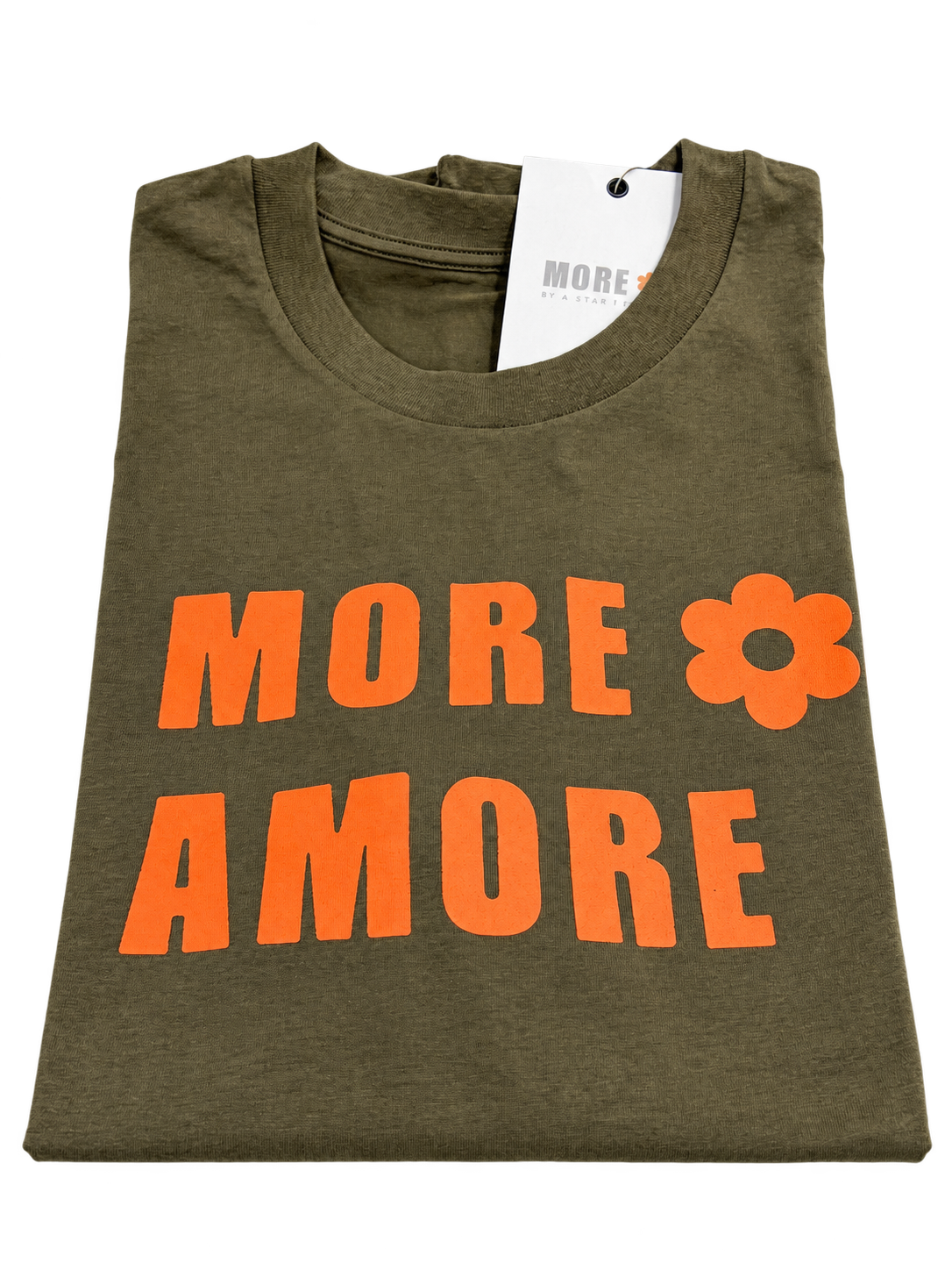 MORE AMORE Khaki Unisex T-Shirt – Vorderseite mit orangefarbenem Print