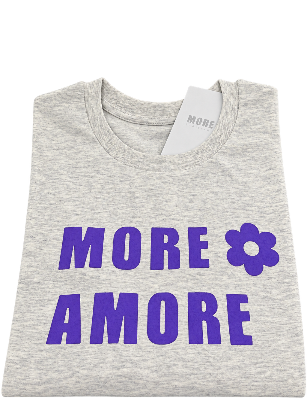 MORE AMORE Light Heather Grey Unisex T-Shirt mit Purple Frontprint – gefaltete Vorderansicht