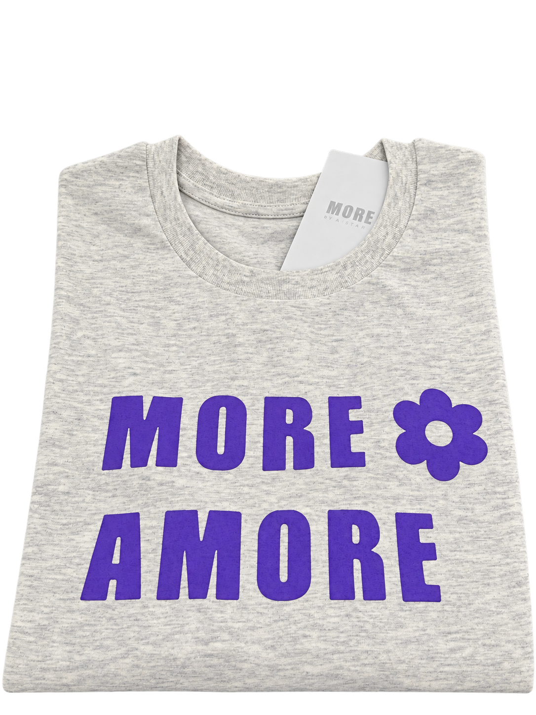 MORE AMORE Light Heather Grey Unisex T-Shirt mit Purple Frontprint – gefaltete Vorderansicht