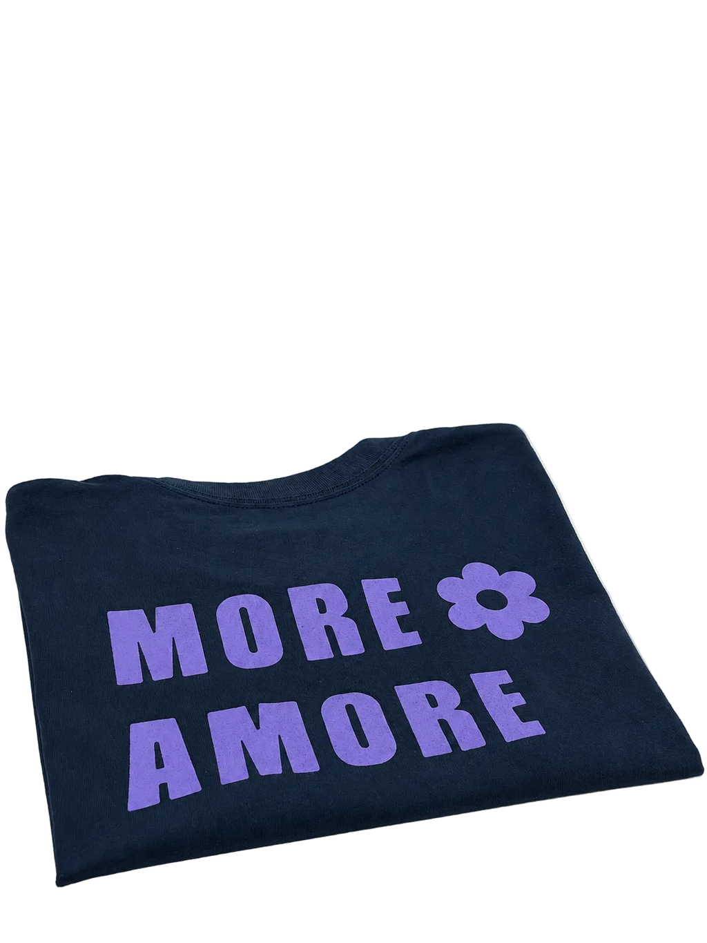 MORE AMORE Boxy T-Shirt Marine Blue – gefaltete Rückansicht mit Purple Backprint