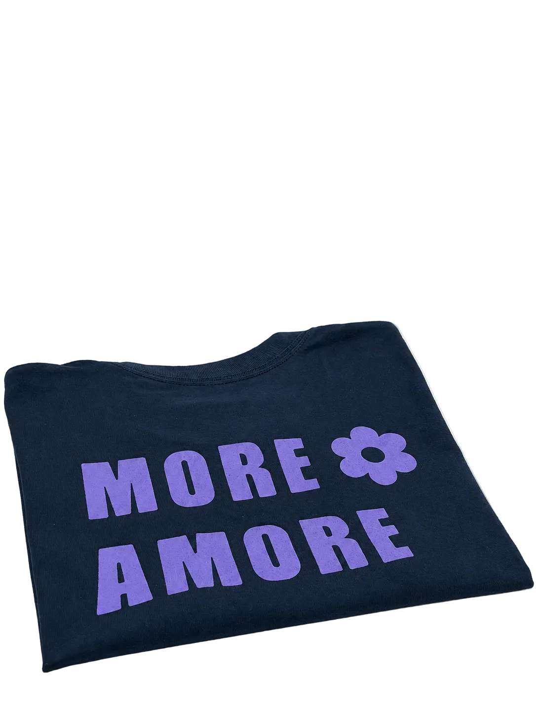 MORE AMORE Boxy T-Shirt Marine Blue – gefaltete Rückansicht mit Purple Backprint